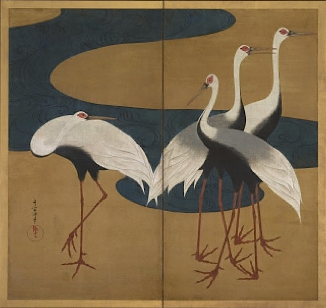 Suzuki Kiitsu (1796-1858), Grues.Portes coulissantes (fusuma) montées en paire de paravent