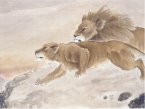 B.Chen Shuren.Lions en alerte au crépuscule.Encre et couleurs sur papier.©Honk Kong museum of Art