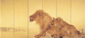 B.Takeuchi Seihô.Lions et falaises.1904.Encre, couleurs et feuille d'or sur papier. Détail d'une paire de paravents.©Toyota Municipal Museum ofArt.